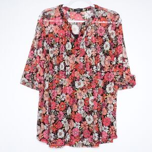 Cocomo Woman Blouse Plus Size 3X Pink Floral Cuffed 3/4 Sleeve Pleated Feminine